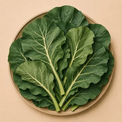 Fresh Green Collard Greens Arranged On A Wooden Tray