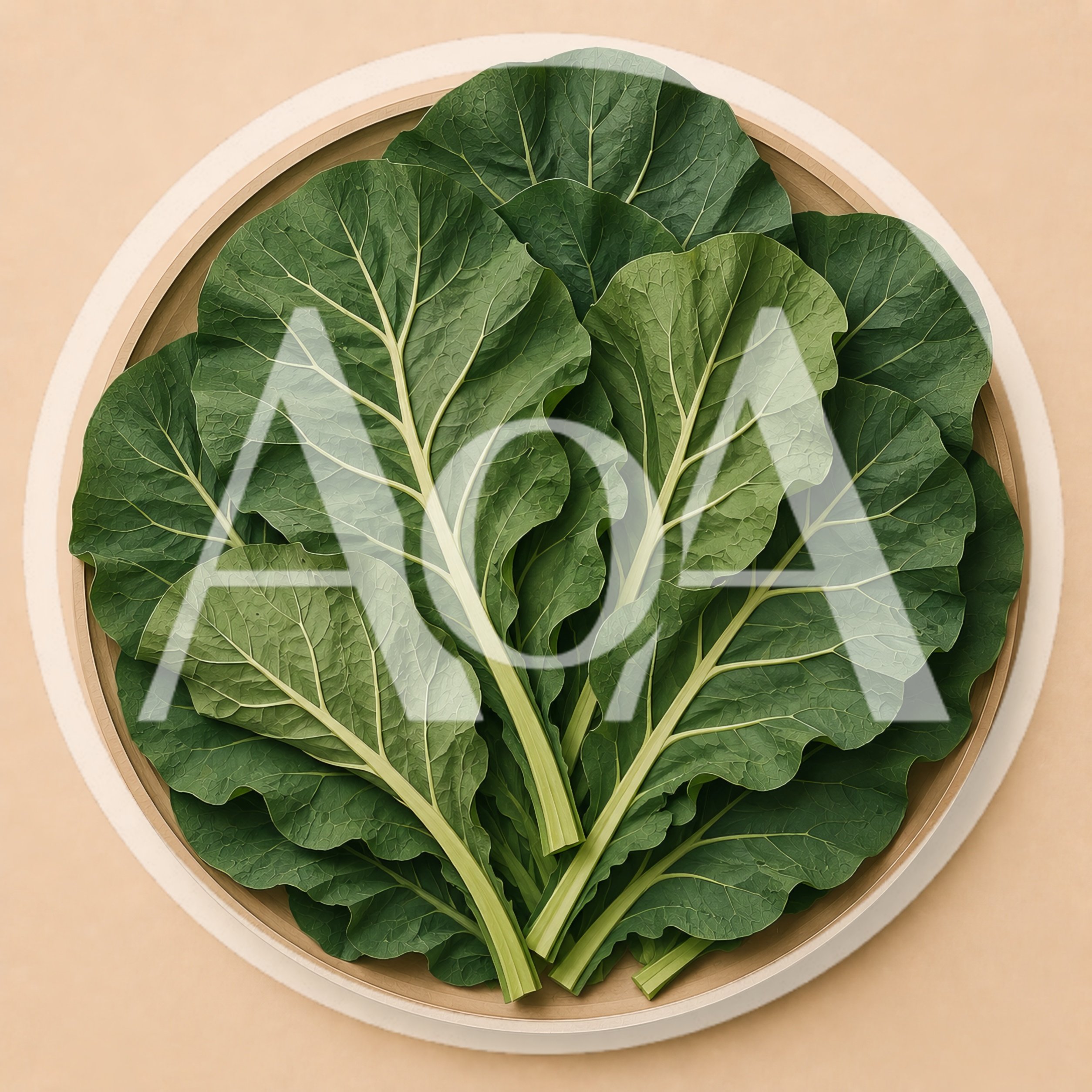 Fresh Green Collard Greens Arranged On A Wooden Tray