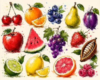 Watercolor Illustration Set of Assorted Fresh Fruits