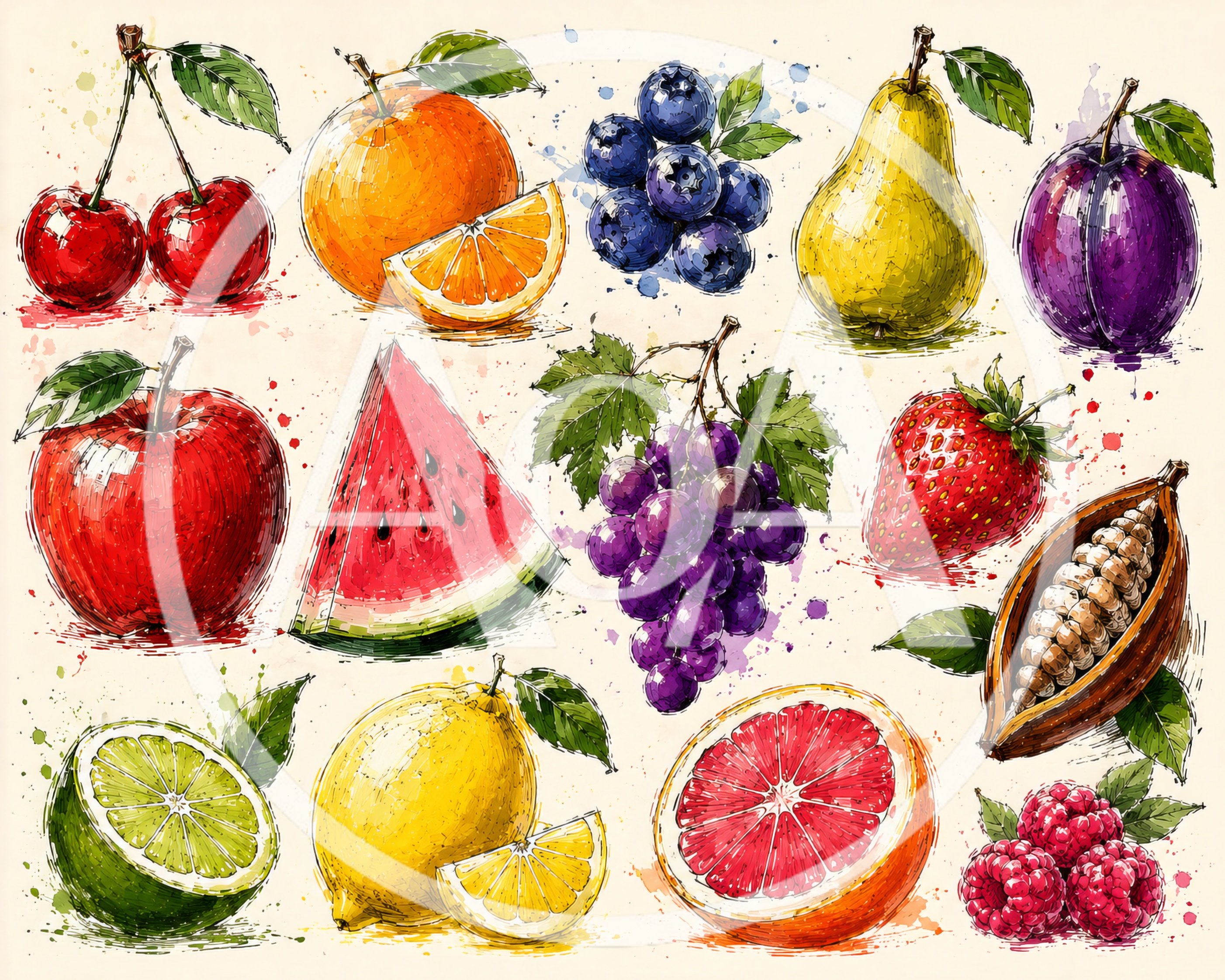Watercolor Illustration Set of Assorted Fresh Fruits