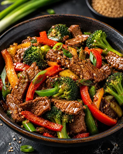 Beef and Broccoli Stir Fry in Ceramic Bowl