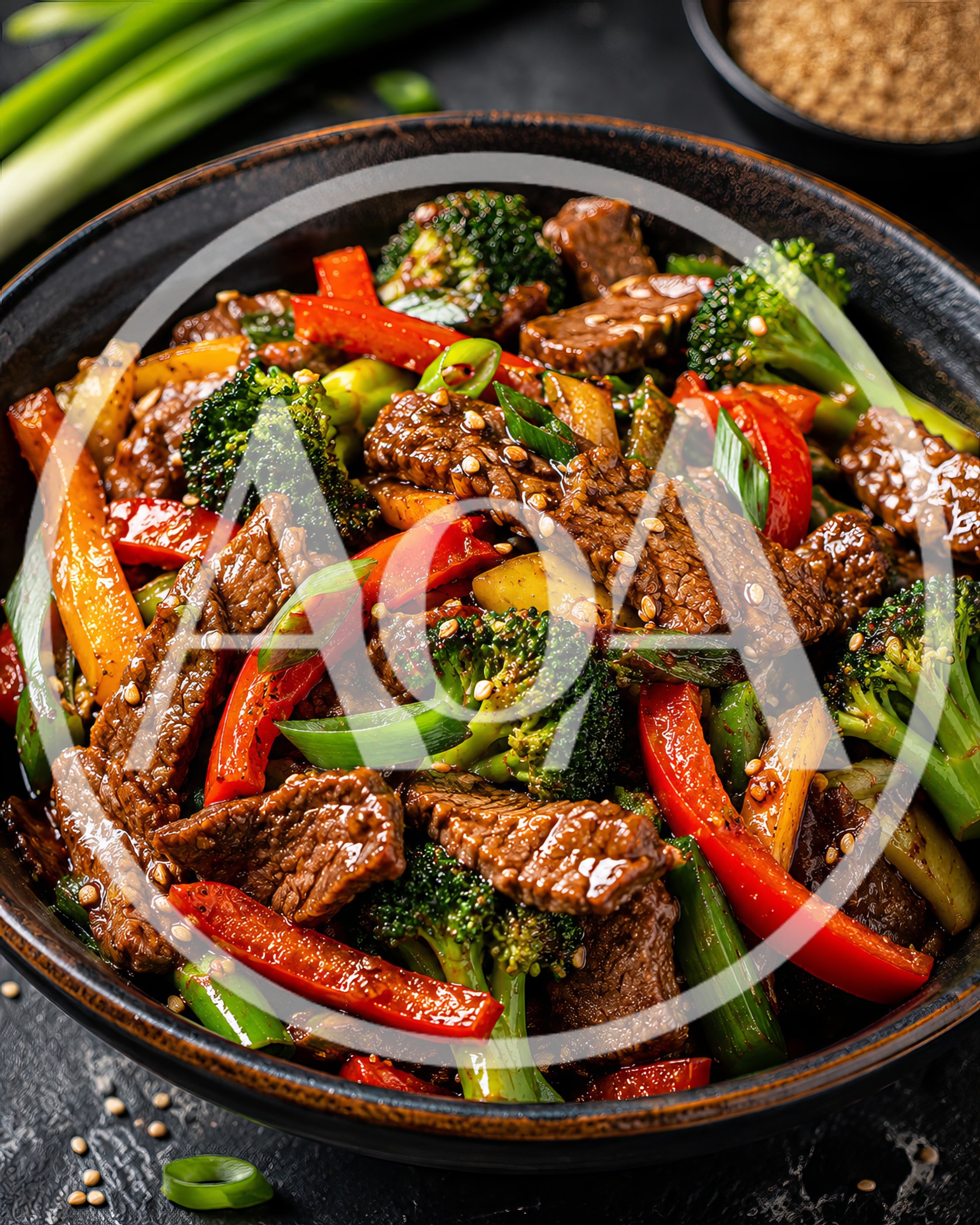 Beef and Broccoli Stir Fry in Ceramic Bowl