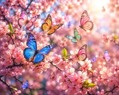 Vibrant Butterflies Flying Around Blooming Cherry Blossom Trees