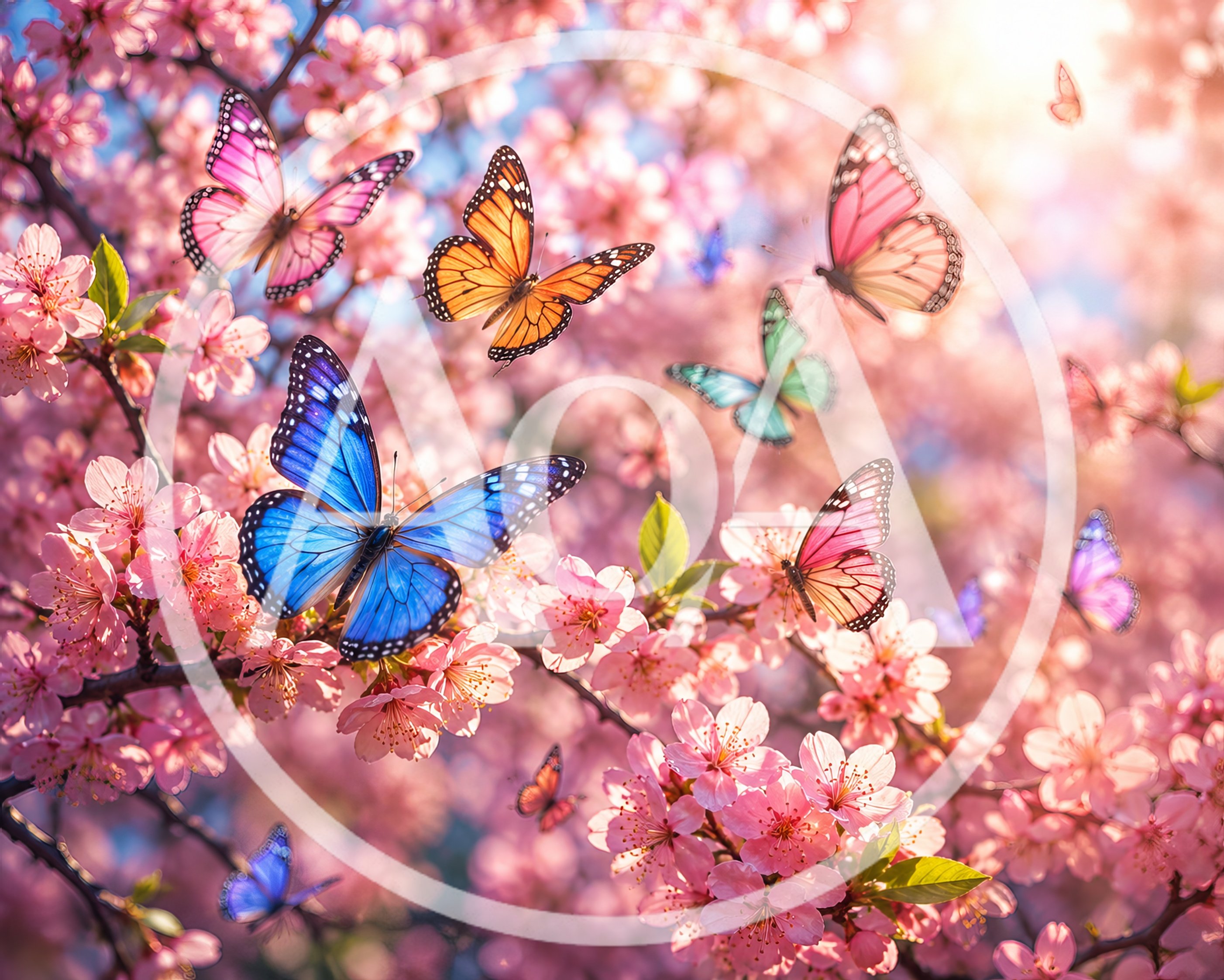 Vibrant Butterflies Flying Around Blooming Cherry Blossom Trees