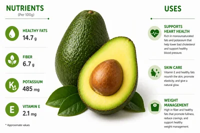Avocado Nutritional Benefits And Health Uses Infographic