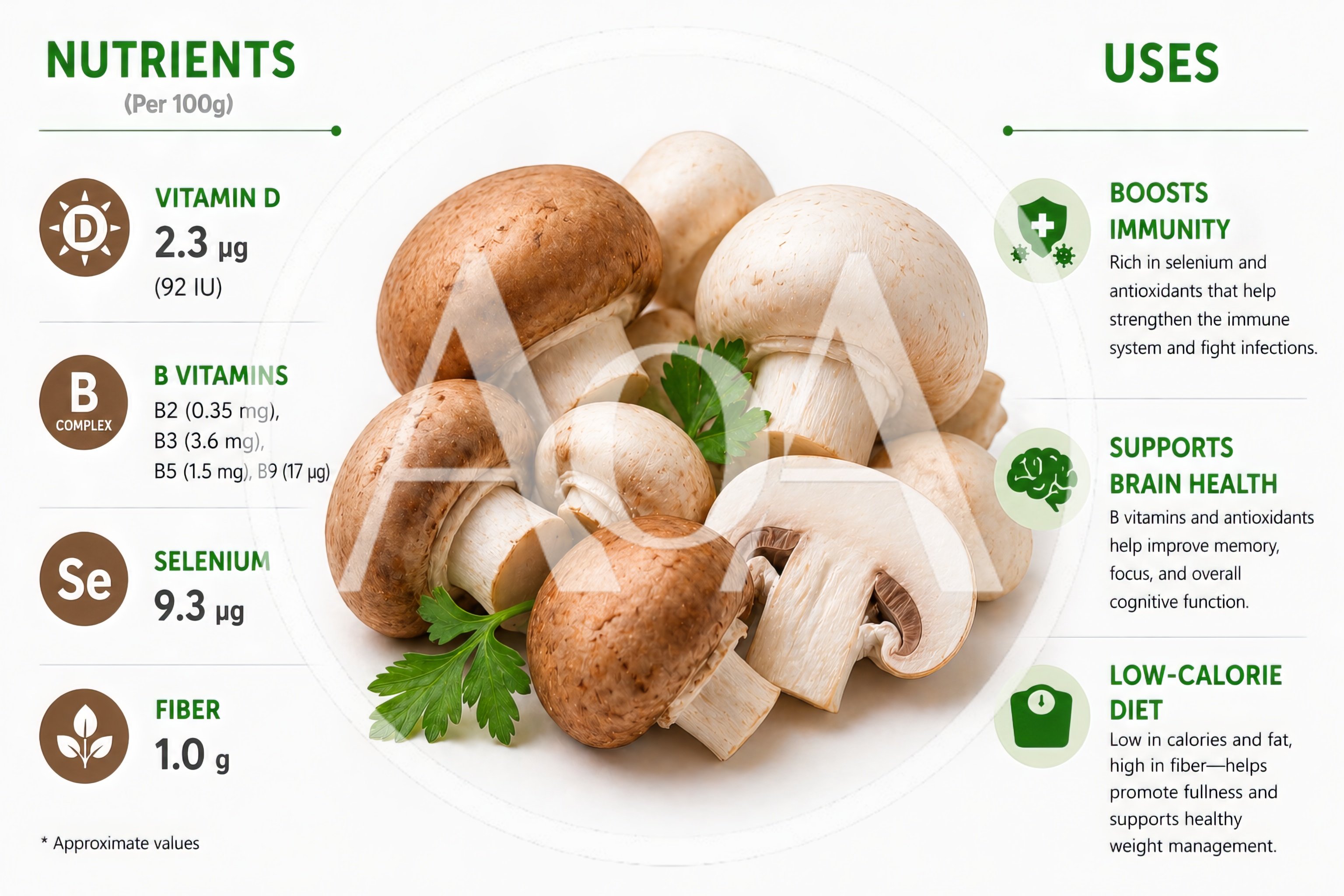 Nutritional Infographic Of Fresh Raw Mushrooms