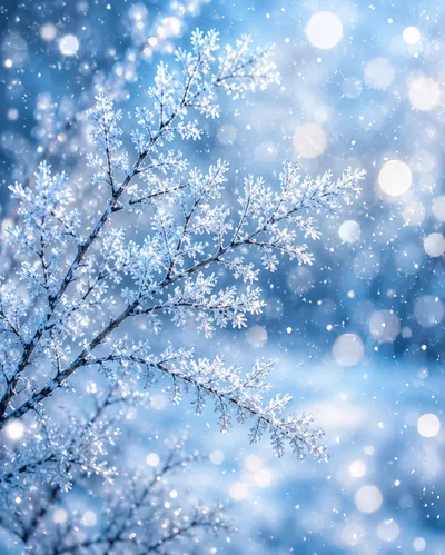 Frost Covered Tree Branches During Winter Snowfall