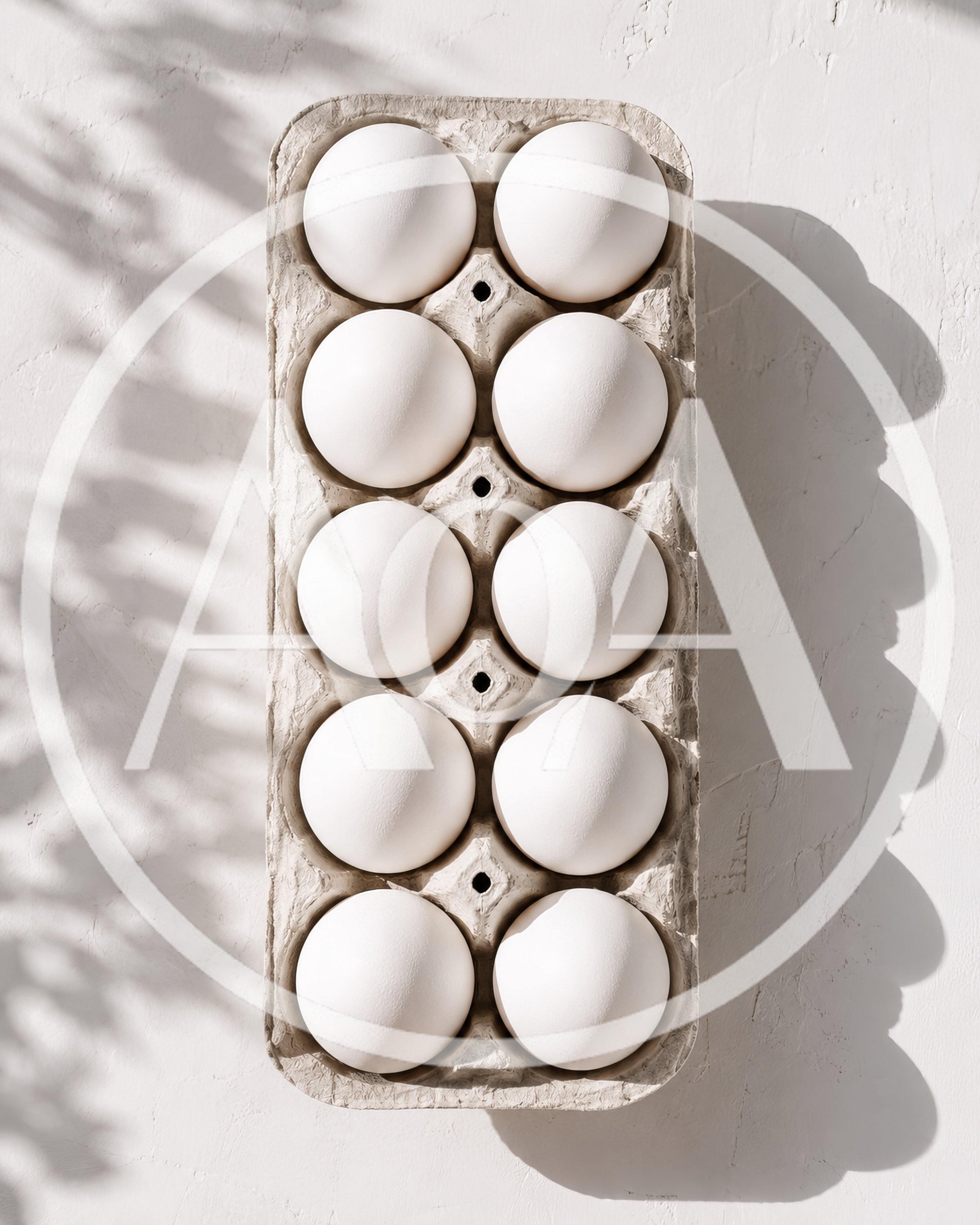 Top View Of Ten White Eggs In Cardboard Carton