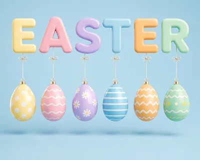 3D Rendered Easter Letters Hanging With Decorated Eggs