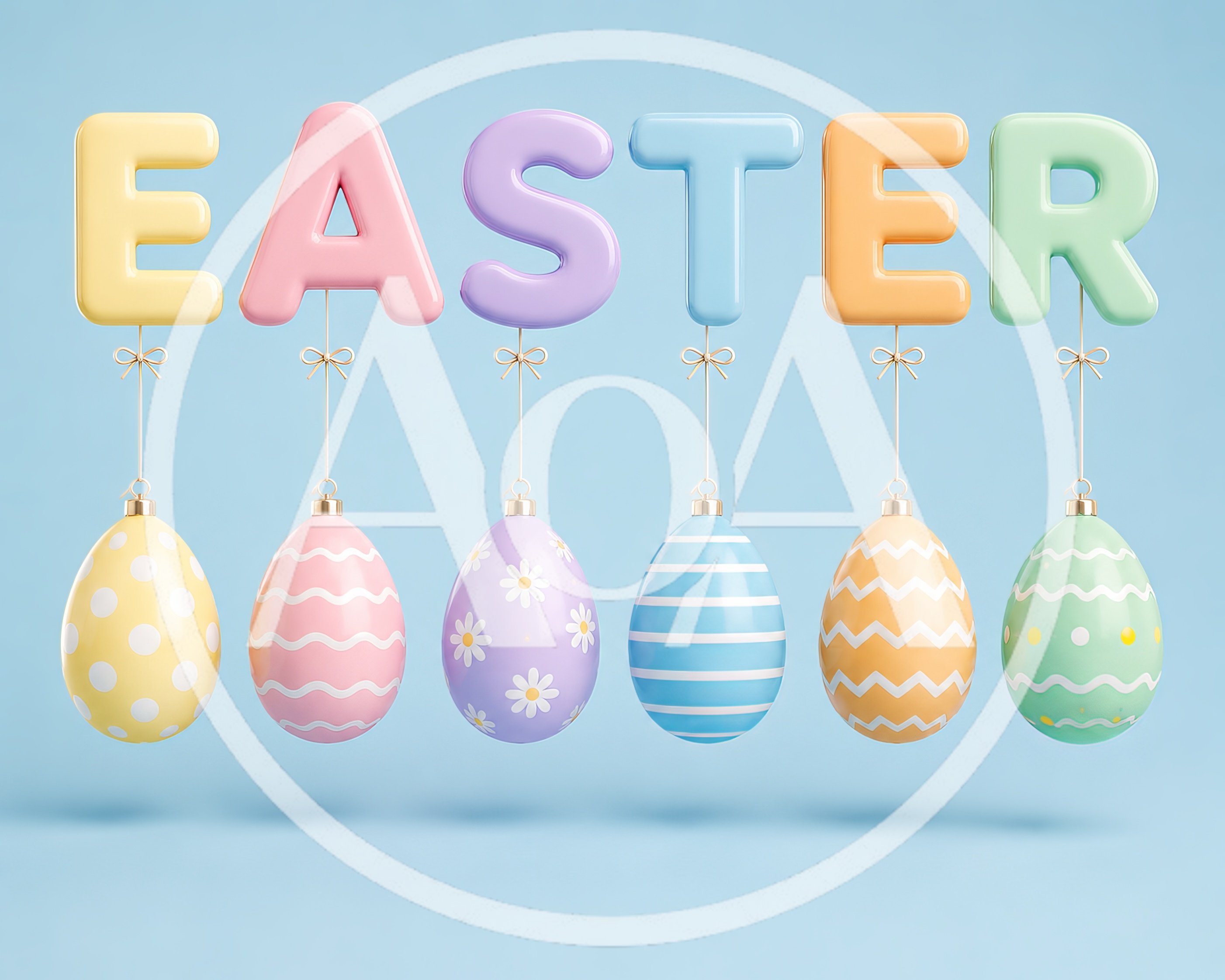3D Rendered Easter Letters Hanging With Decorated Eggs