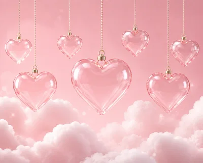 Glass Heart Ornaments Hanging Over Pink Clouds