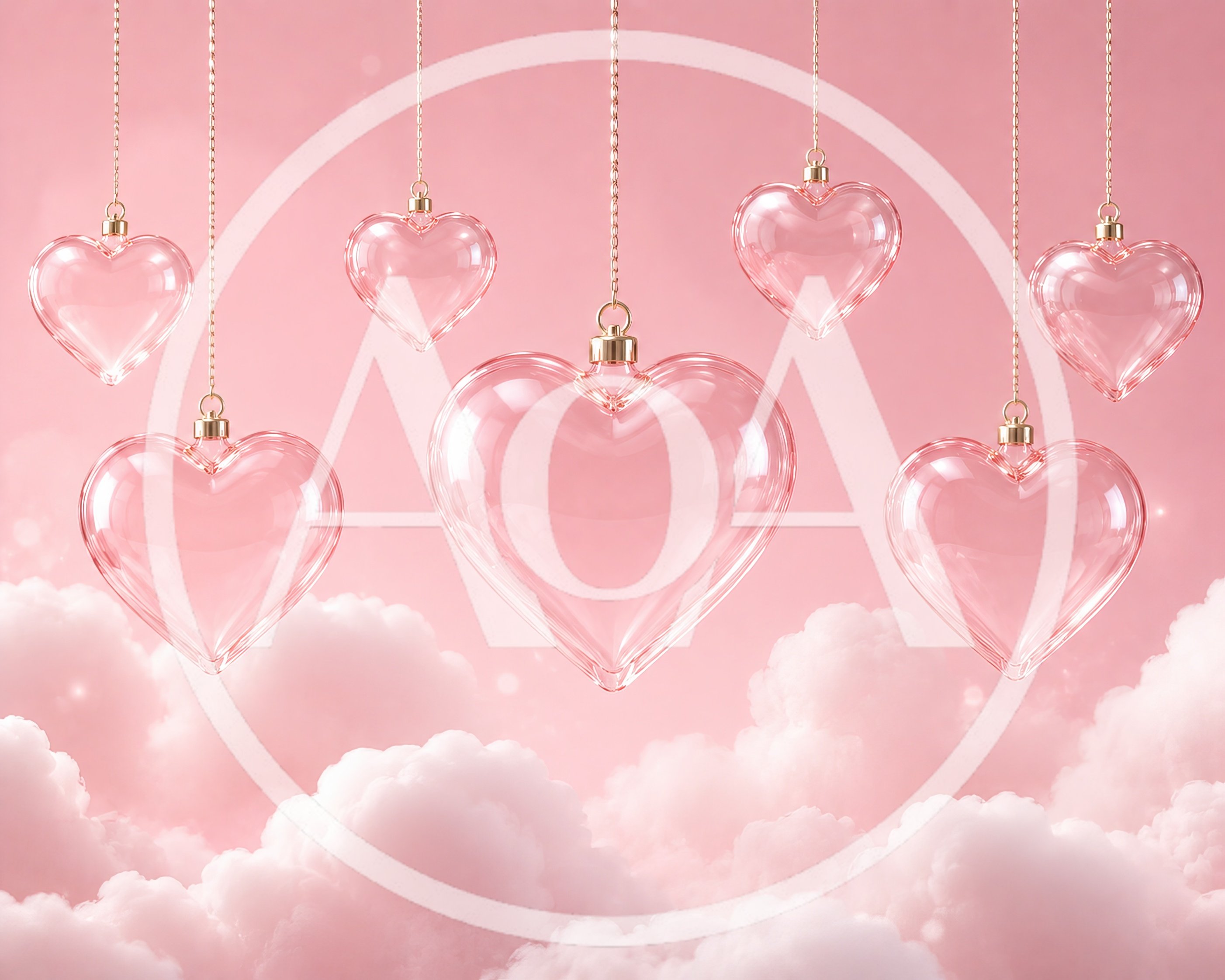 Glass Heart Ornaments Hanging Over Pink Clouds