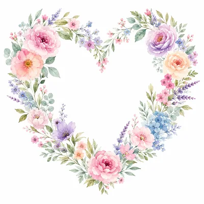 Watercolor Floral Heart Wreath Illustration