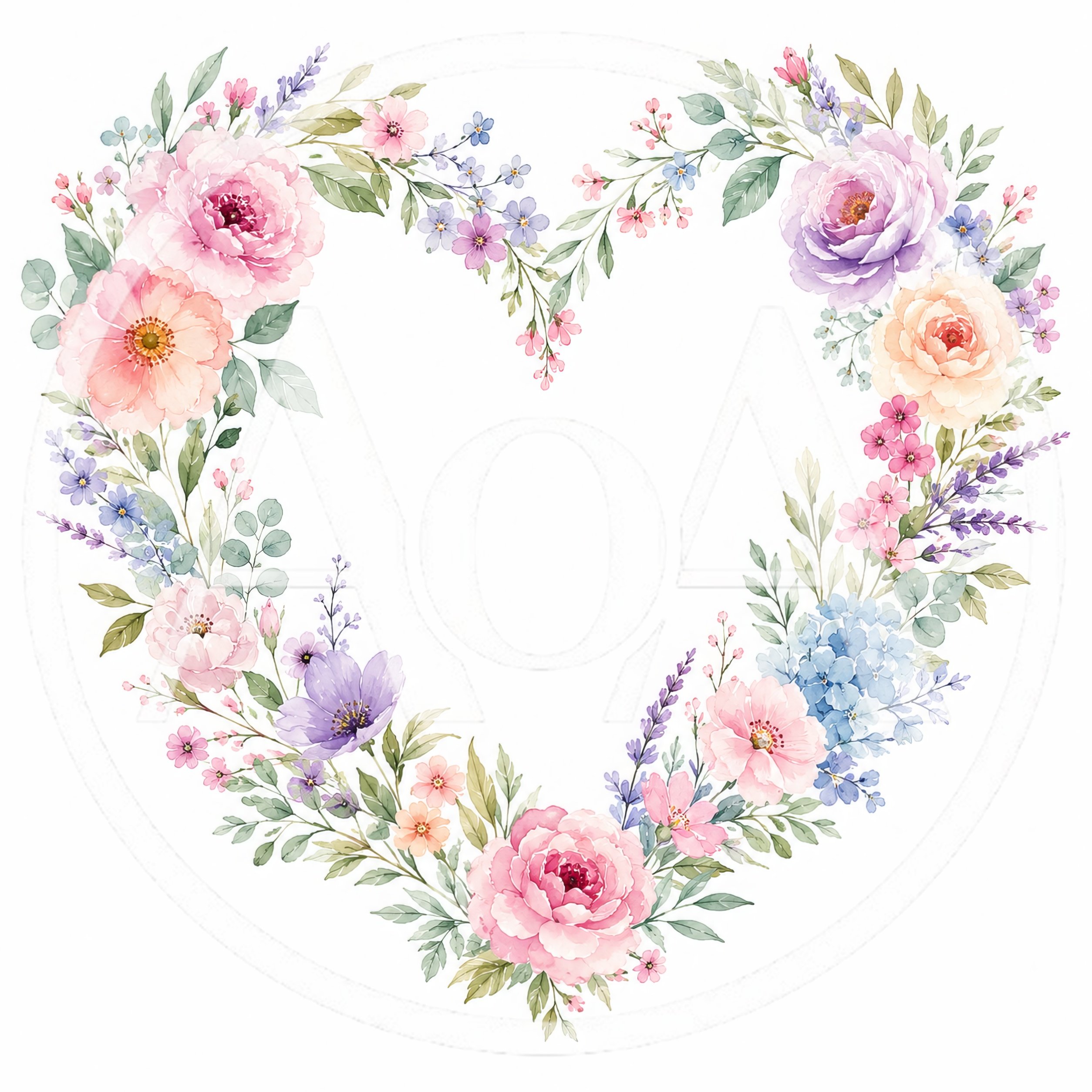 Watercolor Floral Heart Wreath Illustration