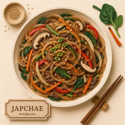 Top View Of Traditional Korean Japchae Glass Noodle Dish