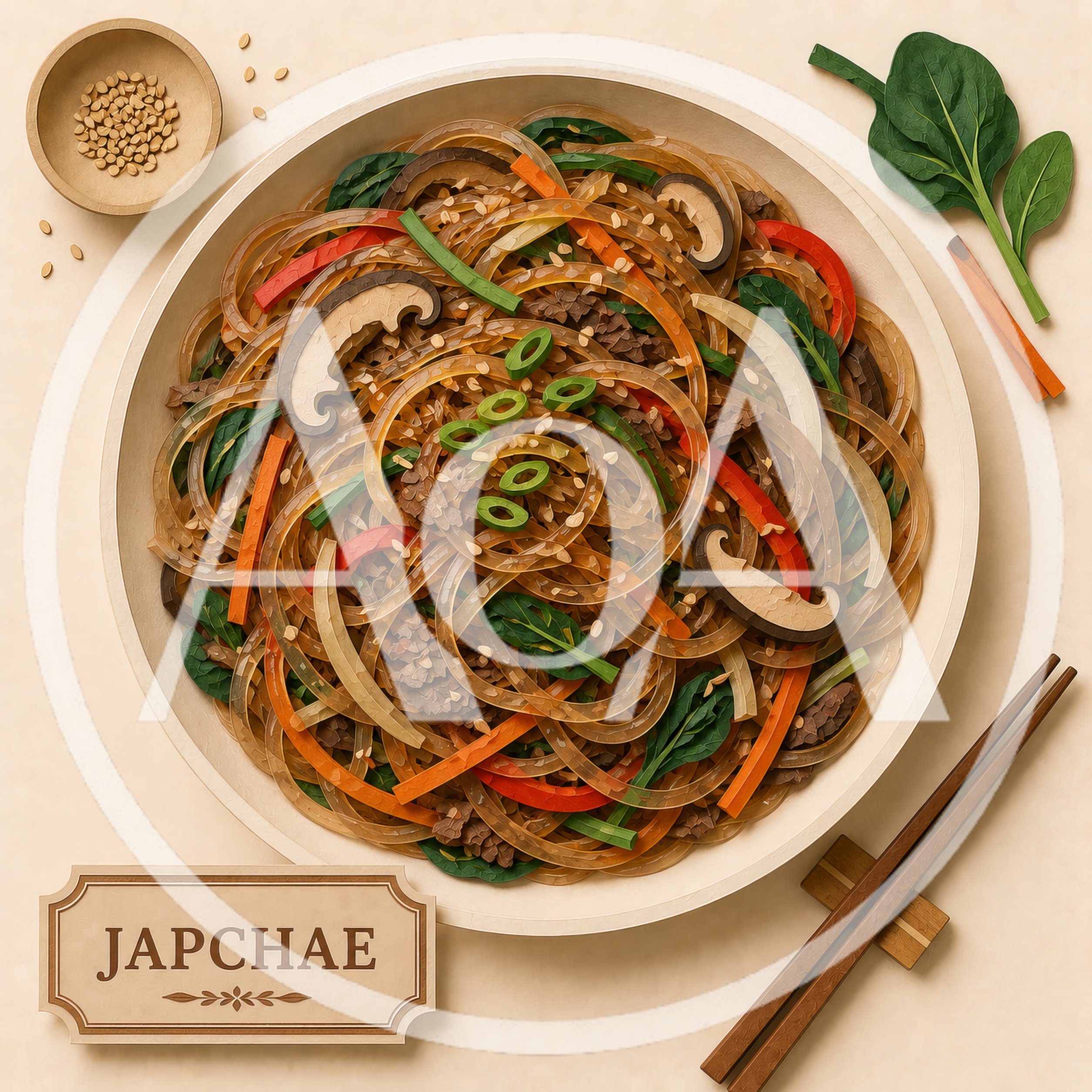Top View Of Traditional Korean Japchae Glass Noodle Dish
