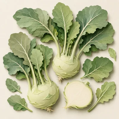 Fresh Kohlrabi Vegetables With Green Leaves On Beige