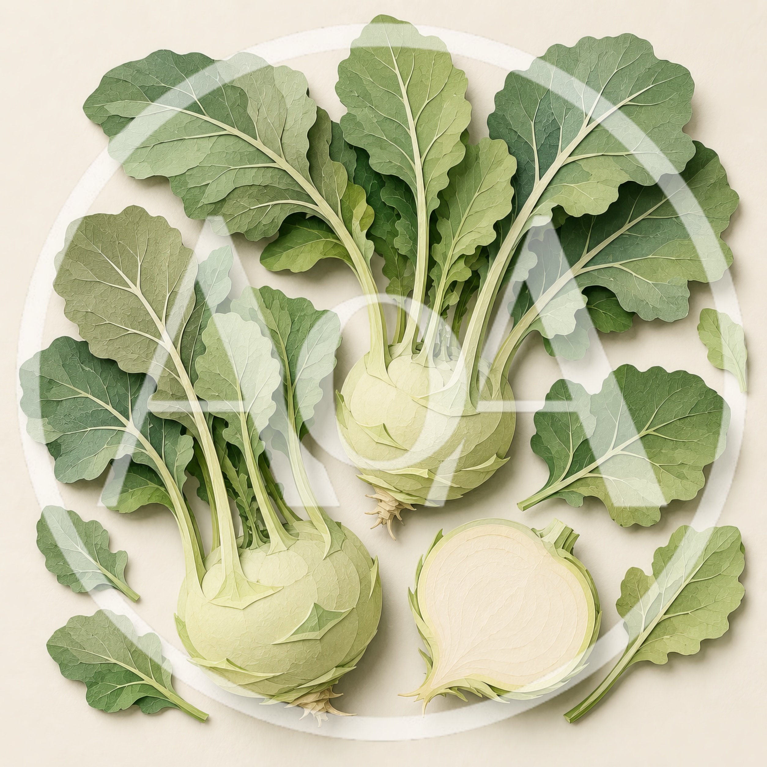 Fresh Kohlrabi Vegetables With Green Leaves On Beige