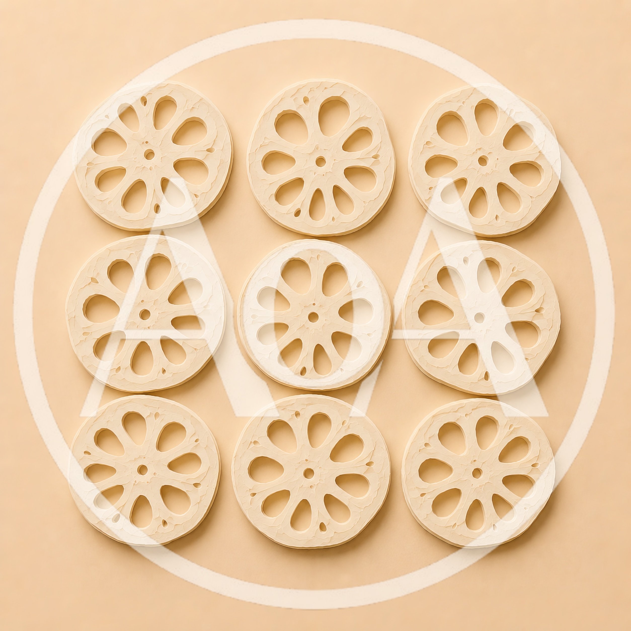 Top View Of Nine Sliced Lotus Root Pieces