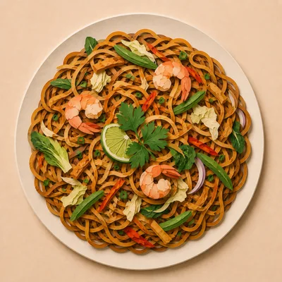 Top Down View Of Shrimp Pad Thai Noodles