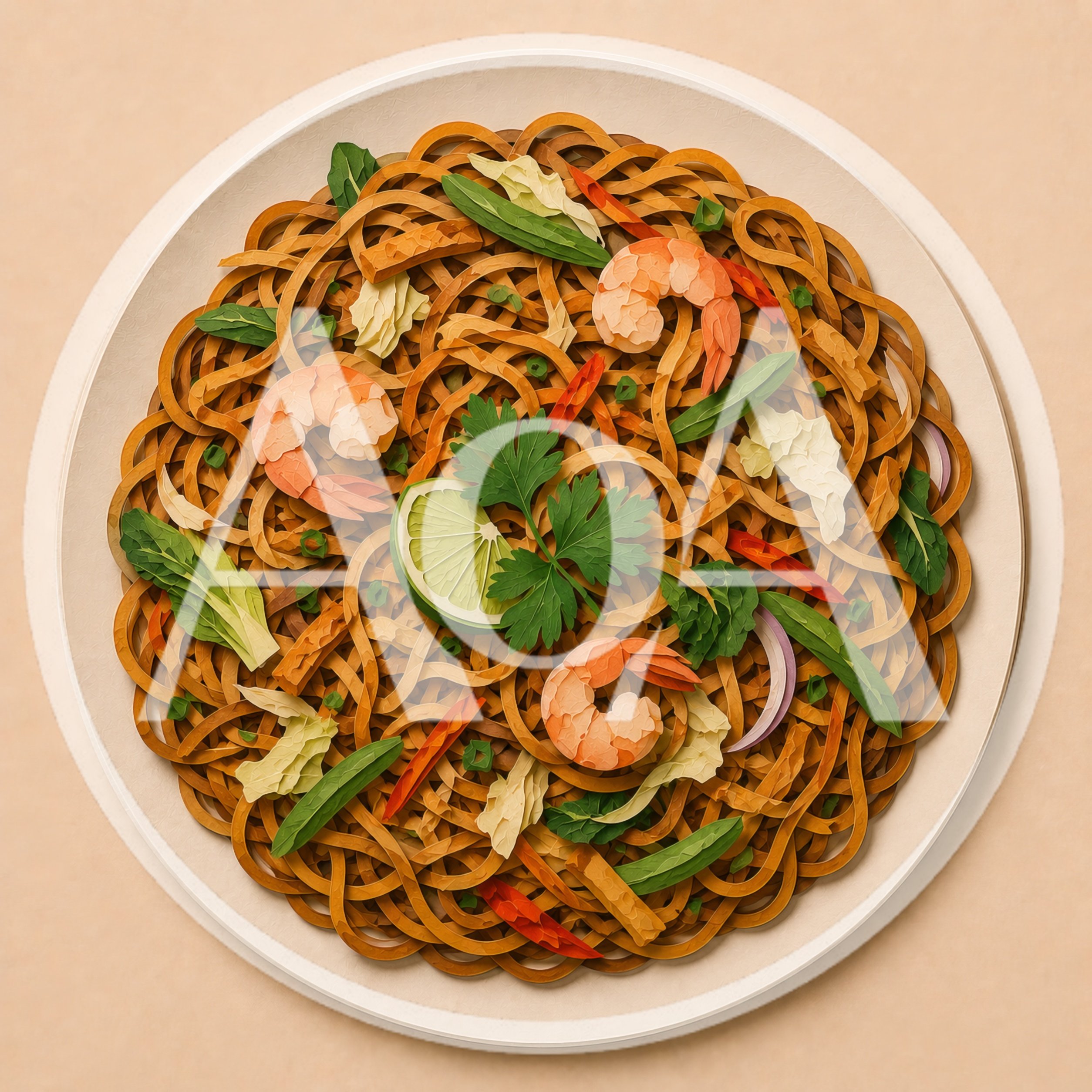 Top Down View Of Shrimp Pad Thai Noodles