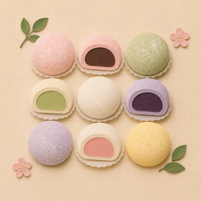 Assorted Mochi Desserts Arranged On A Beige Background