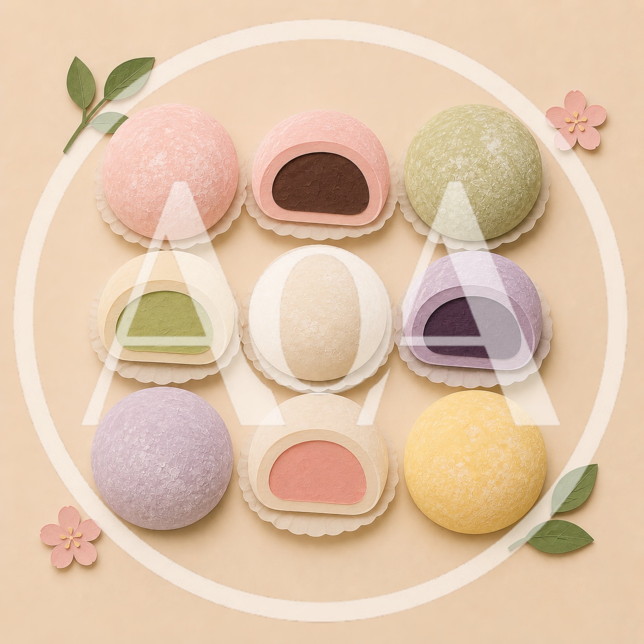 Assorted Mochi Desserts Arranged On A Beige Background