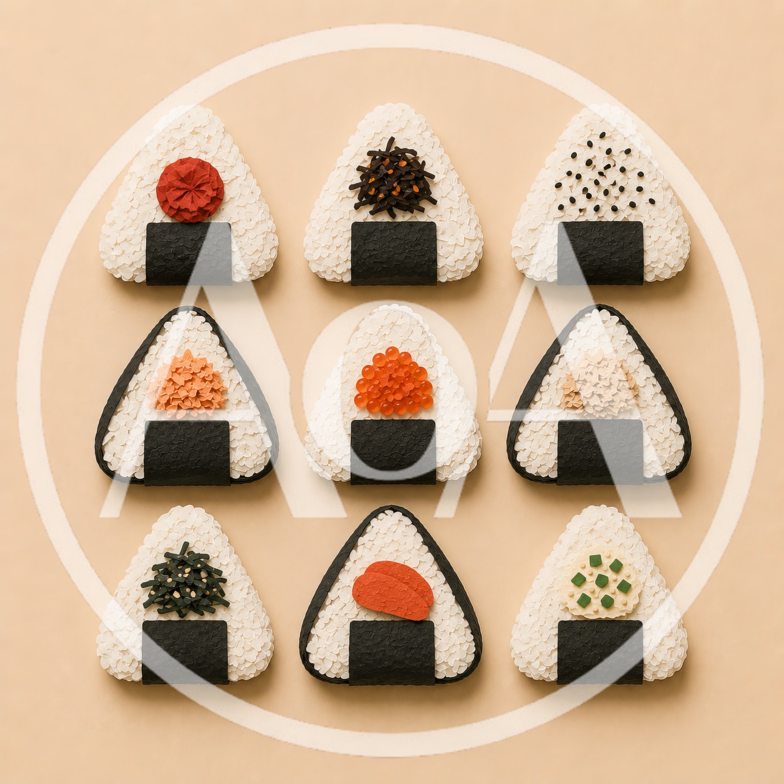 Top View Of Nine Paper Craft Onigiri Rice Balls