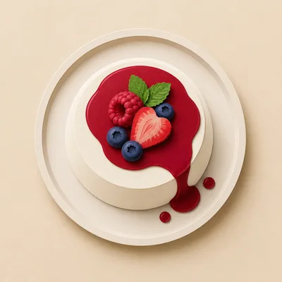 Panna Cotta Dessert Topped With Berries And Sauce