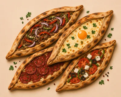 Four Varieties Of Traditional Turkish Pide Flatbread