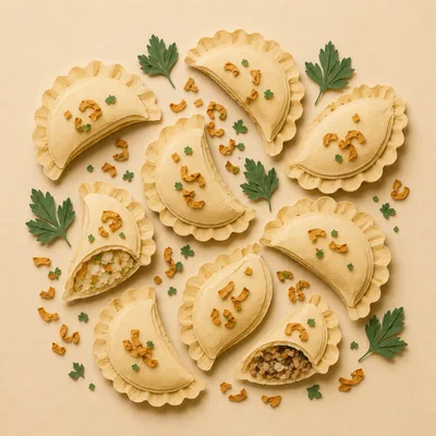 Top View Of Homemade Pierogi Dumplings With Parsley