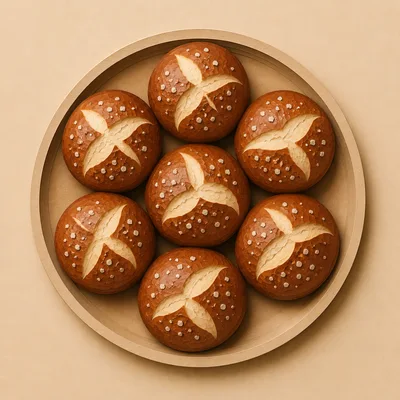 Seven Freshly Baked German Pretzel Rolls On A Tray