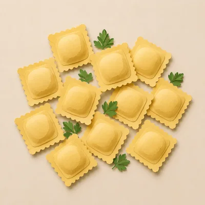 Top View Of Fresh Ravioli Pasta With Parsley