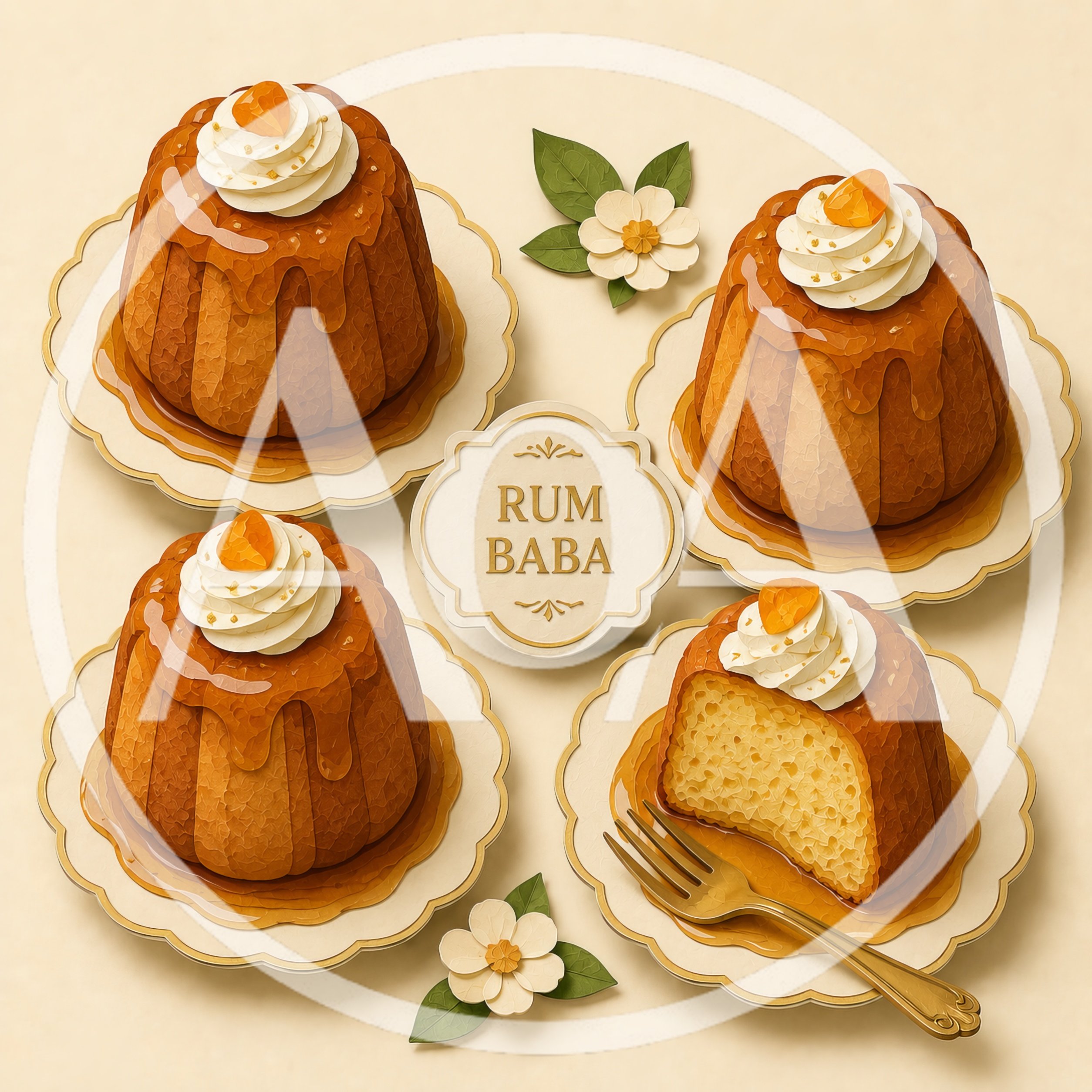Four Rum Baba Cakes With Whipped Cream Topping