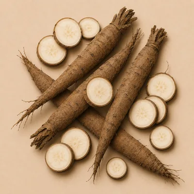 Fresh Cassava Roots and Slices on Beige Background