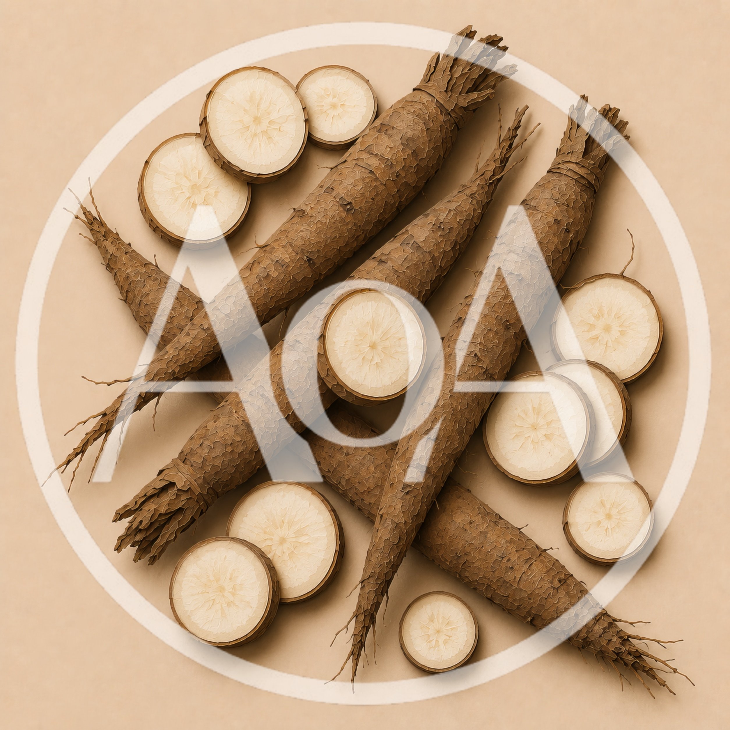 Fresh Cassava Roots and Slices on Beige Background