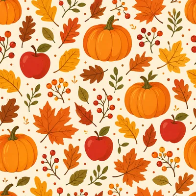 Autumn Harvest Seamless Pattern With Pumpkins And Leaves