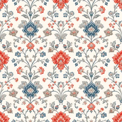 Seamless Floral Damask Pattern With Red And Blue Flowers