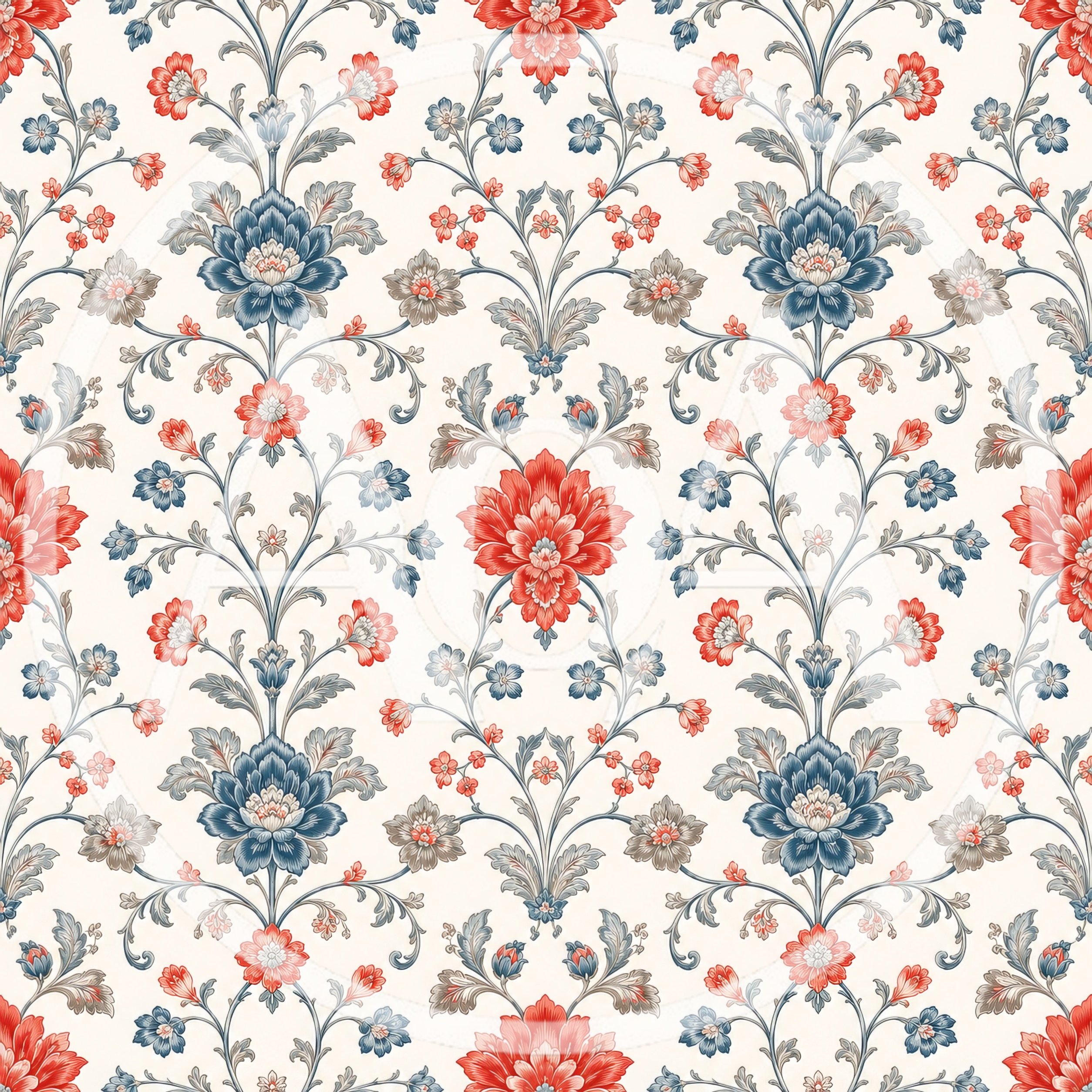 Seamless Floral Damask Pattern With Red And Blue Flowers