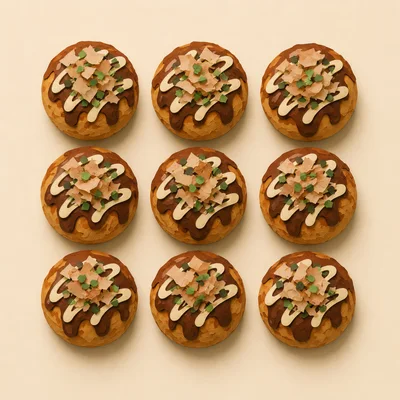Top Down View Of Nine Takoyaki Octopus Balls