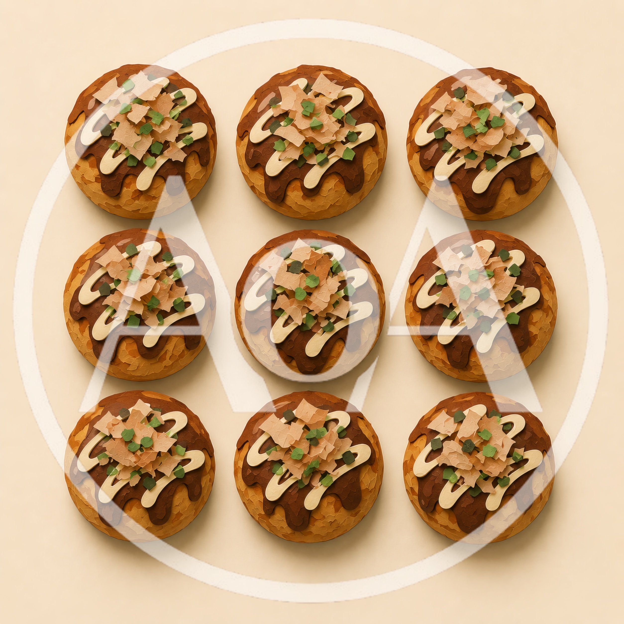 Top Down View Of Nine Takoyaki Octopus Balls
