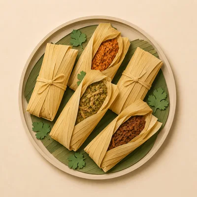 Traditional Tamales Wrapped In Corn Husks On A Tray