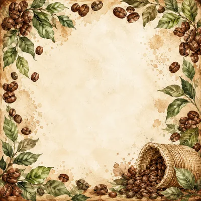 Watercolor Coffee Beans Frame With Woven Basket