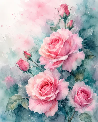 Watercolor Painting Of Pink Roses And Buds