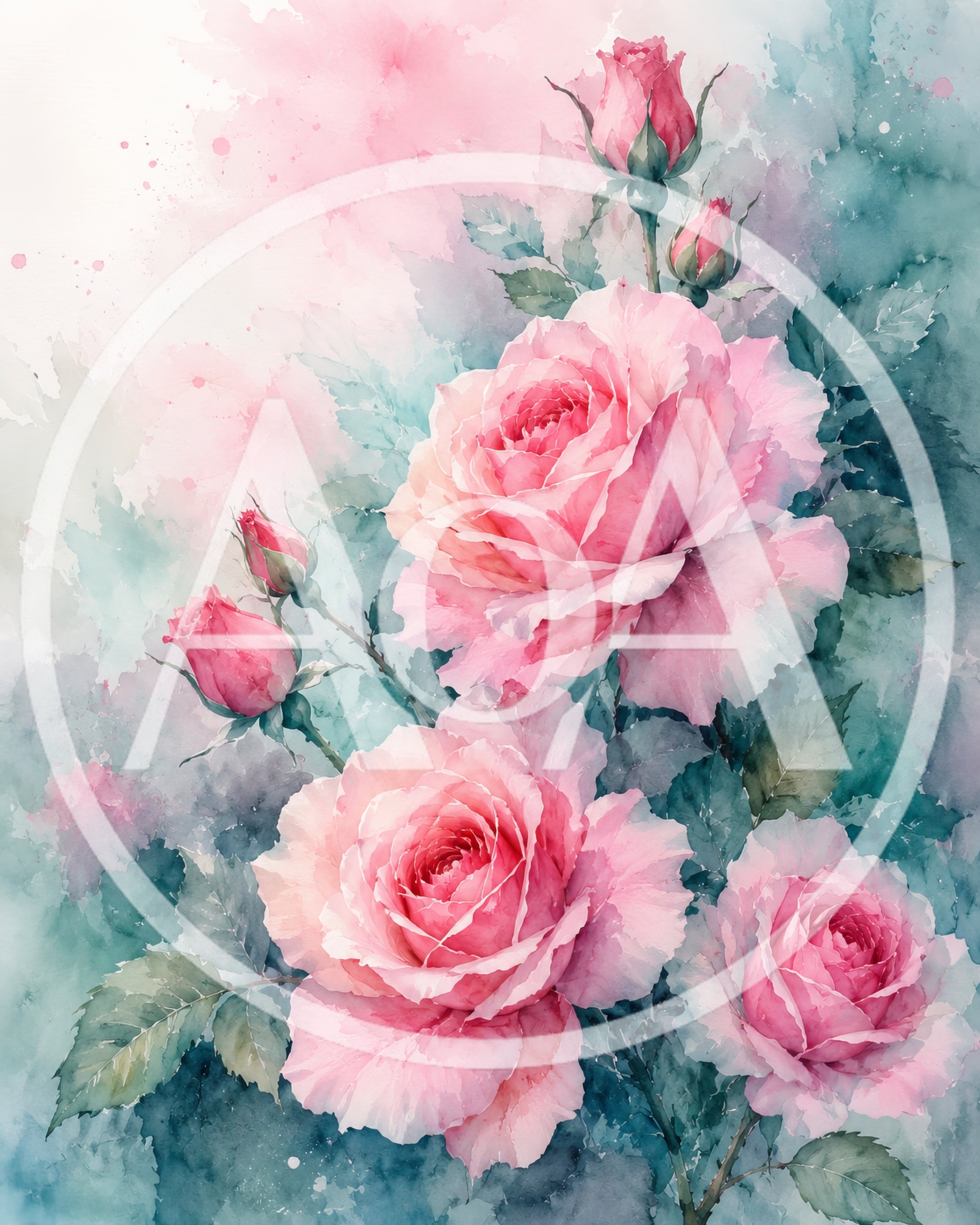 Watercolor Painting Of Pink Roses And Buds