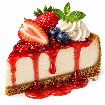 Slice Of Cheesecake With Strawberry Topping And Berries