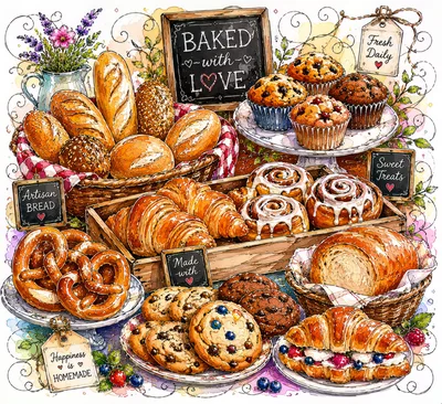 Watercolor Illustration of Assorted Freshly Baked Pastries