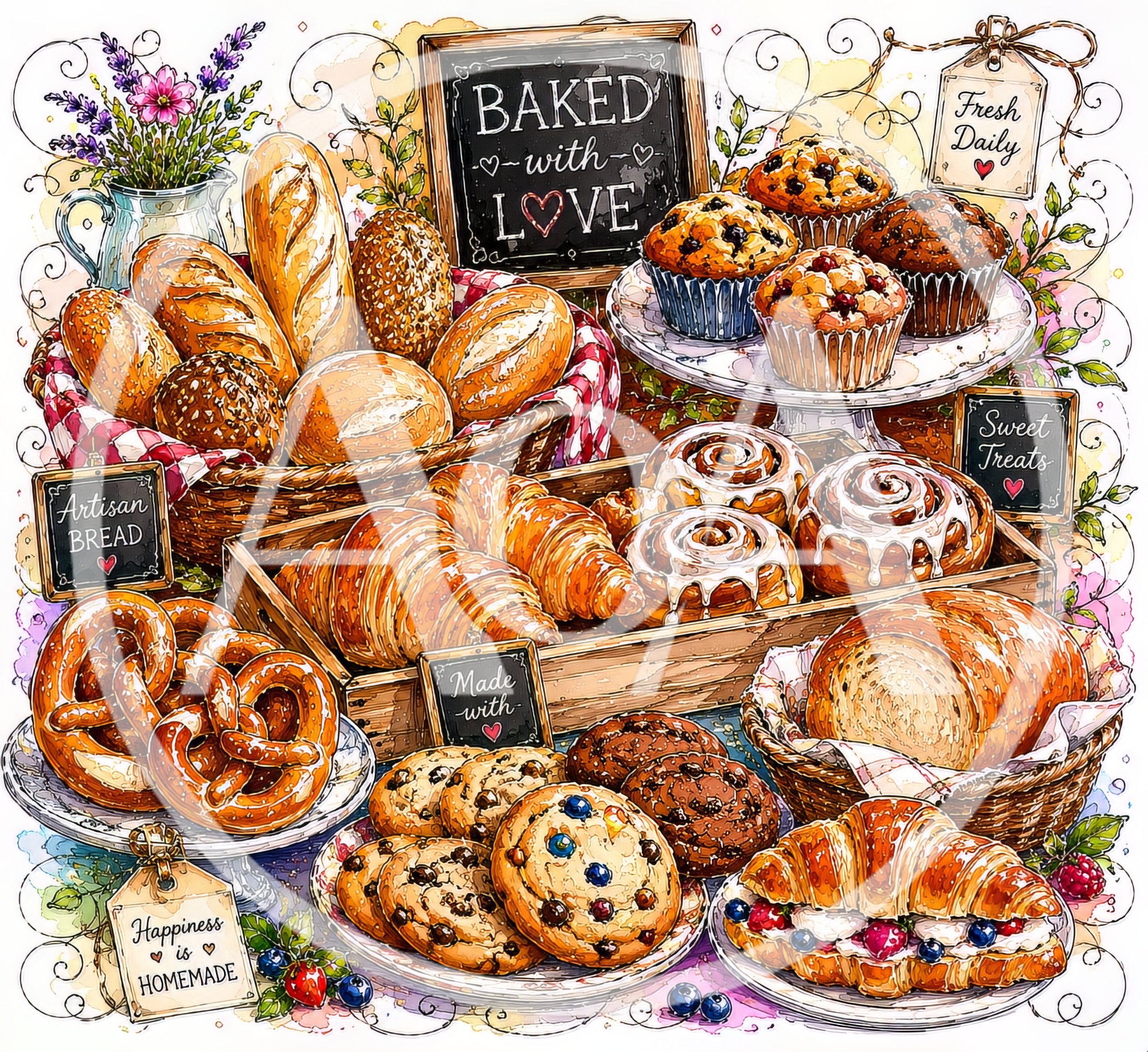Watercolor Illustration of Assorted Freshly Baked Pastries