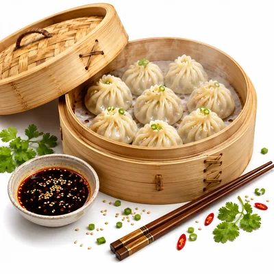 Steamed Soup Dumplings In Bamboo Basket With Dipping Sauce