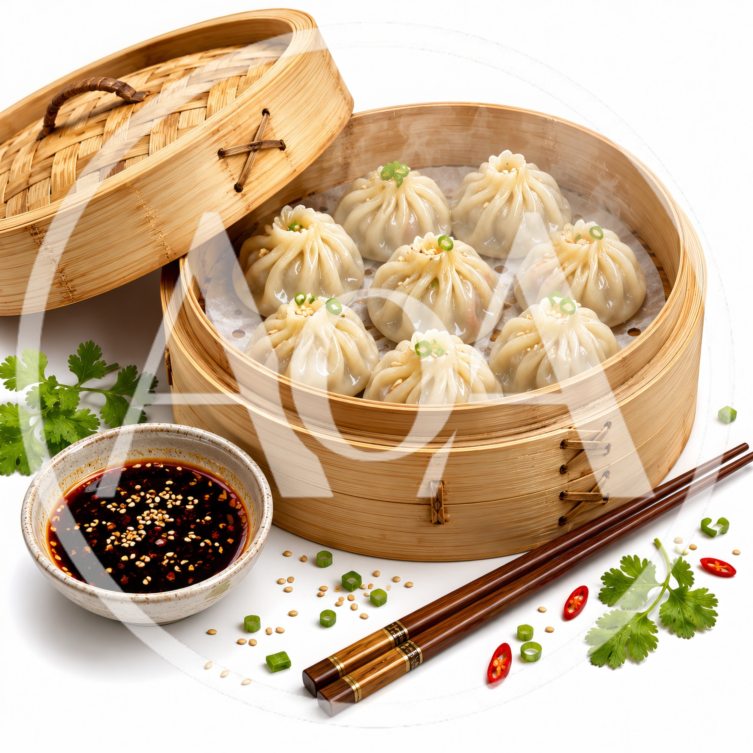 Steamed Soup Dumplings In Bamboo Basket With Dipping Sauce